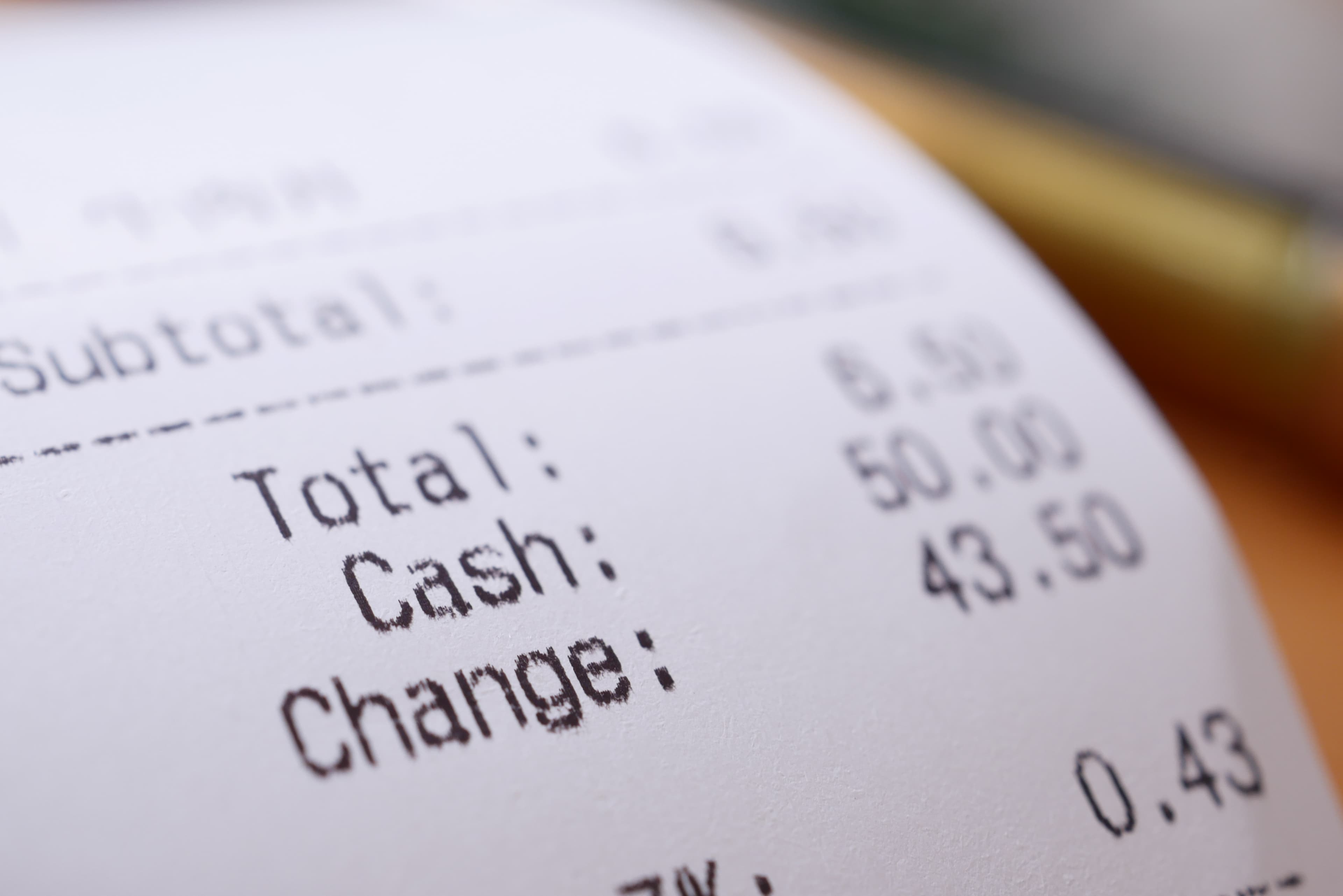 Close-up of a printed sales receipt